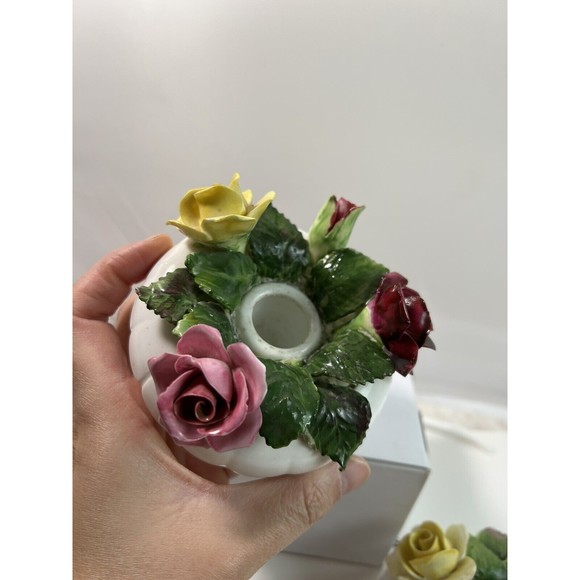 VTG 2 Golden‎ Crown E&R England Fine Bone China Hand Painted Rose Candle Holders - Picture 5 of 6